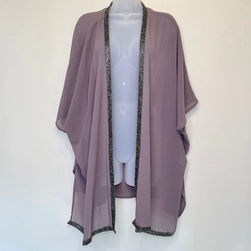 Bishop + Young | Embellished Beaded Ribbon Open Front High Low Sheer Kimono - Picture 4 of 16